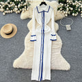 Classysense niche stylecontrast colorpolo collar bell sleeves single breasted silmslimming lookknittingdress women's bottom long skirt