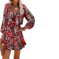 independent station  hot style spring and summer long sleeves v neckfashionprinting waist dress women's clothing