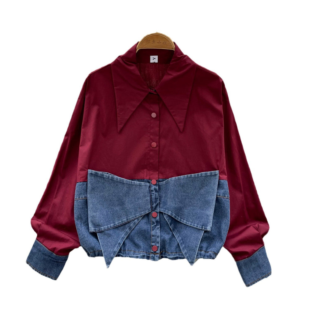 Spring korean style fashion design bowknot denim patchwork long sleeve shirt women's loose blouse top