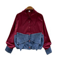 Spring korean style fashion design bowknot denim patchwork long sleeve shirt women's loose blouse top