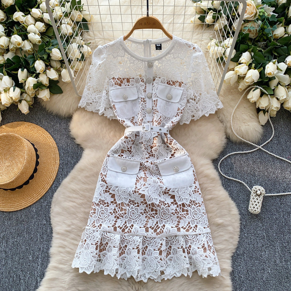 Luxury chic: women's summer midi dress - exquisite cutout embroidery, unique and elegant