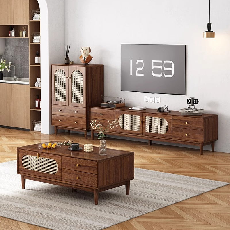 Retro rattan solid wood frame TV cabinet household coffee table combination small apartment living room storage locker integrated new model