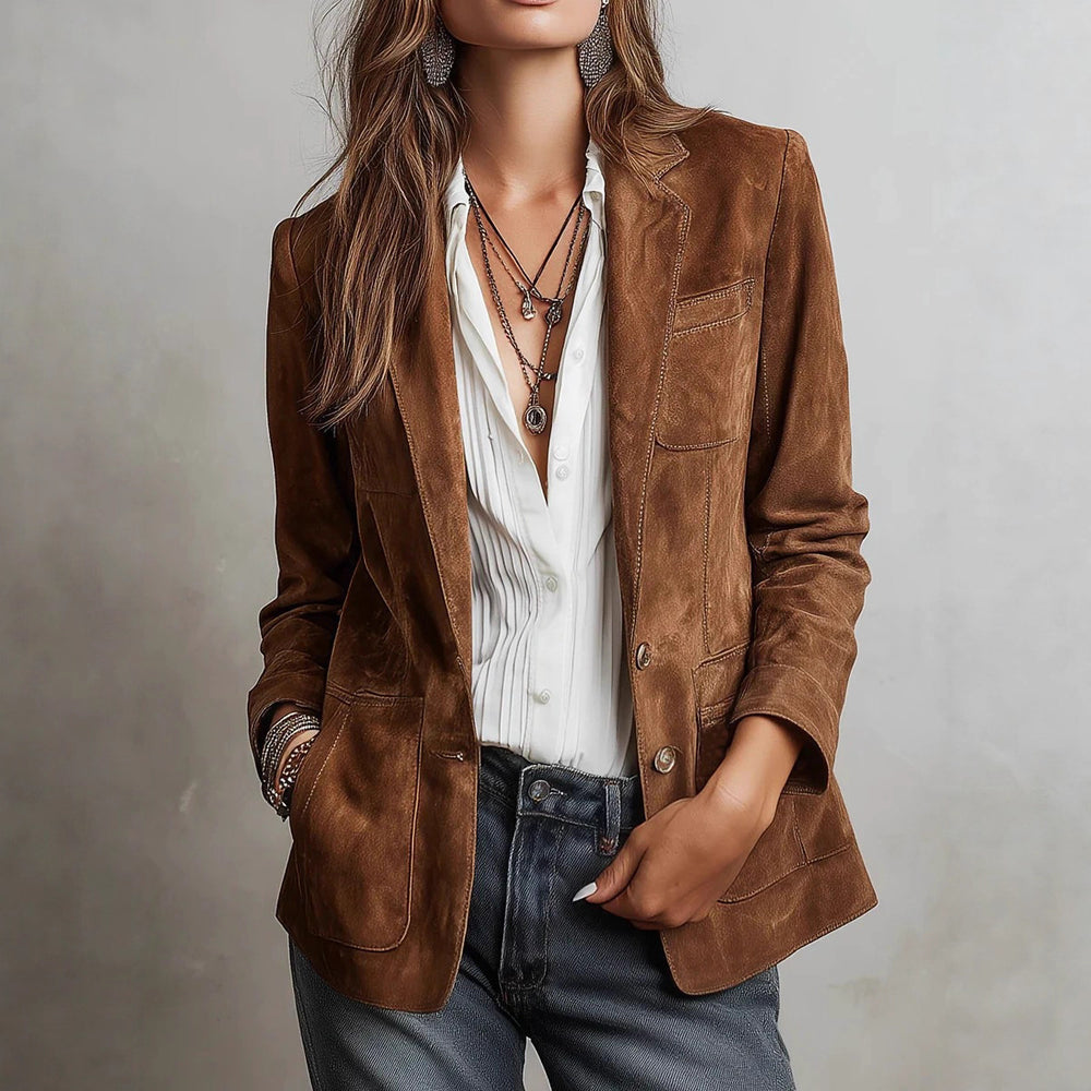 european and american autumn women's cross-border fashion: elegant brown suede jacket with pockets and button closure