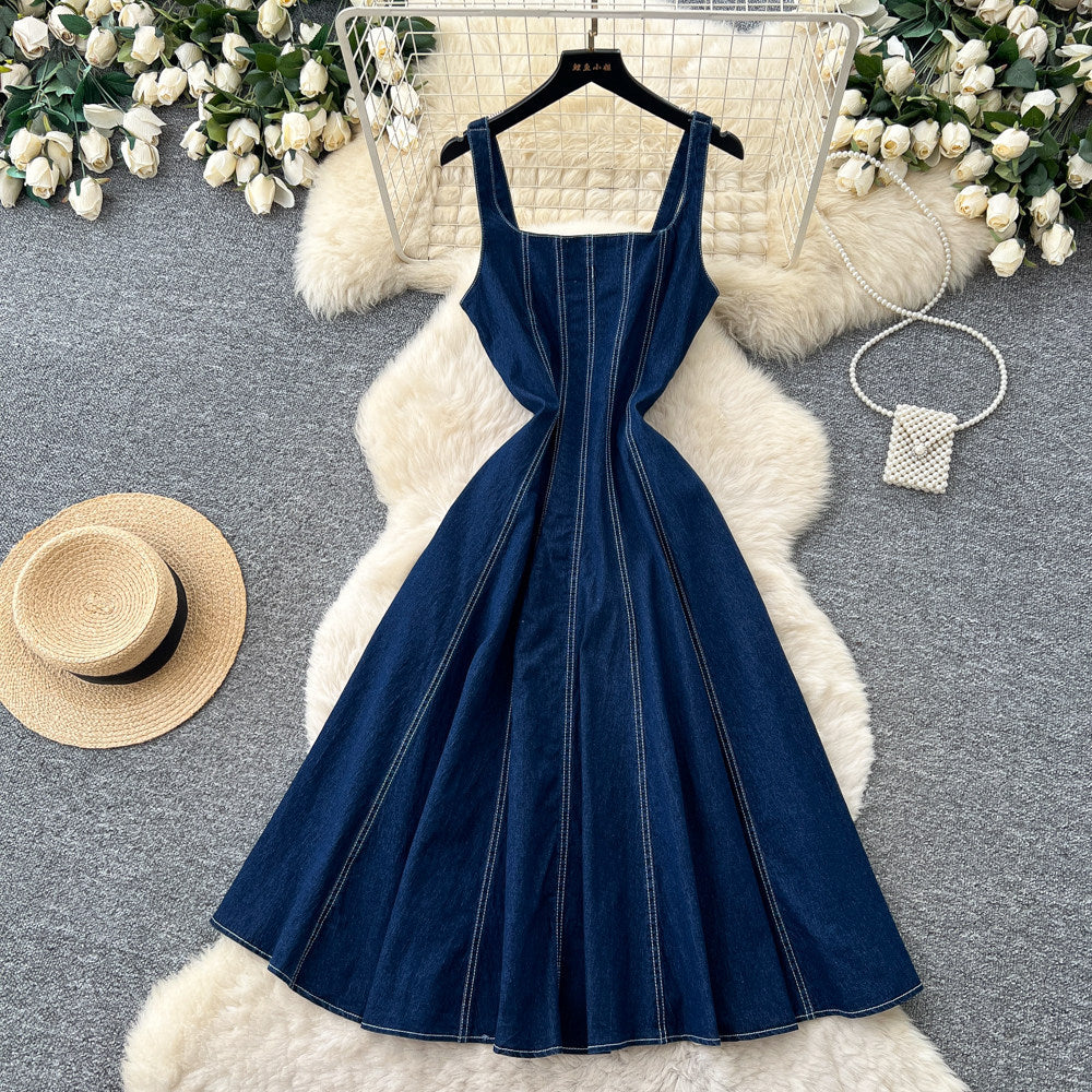 Frenchretro style denim square neck suspender dress female high waist casuala-line skirt slimming look large swing work clothing skirt