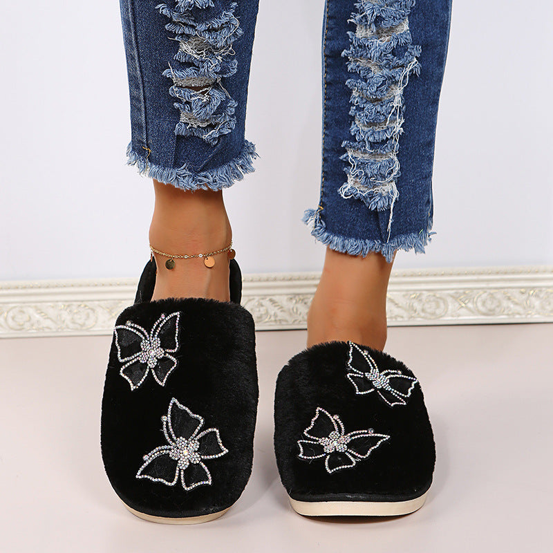 new arrivalins style cotton slippers for women indoor and outdoor flatsheattech shoes autumn and winter rhinestone butterfly popular furry slippers