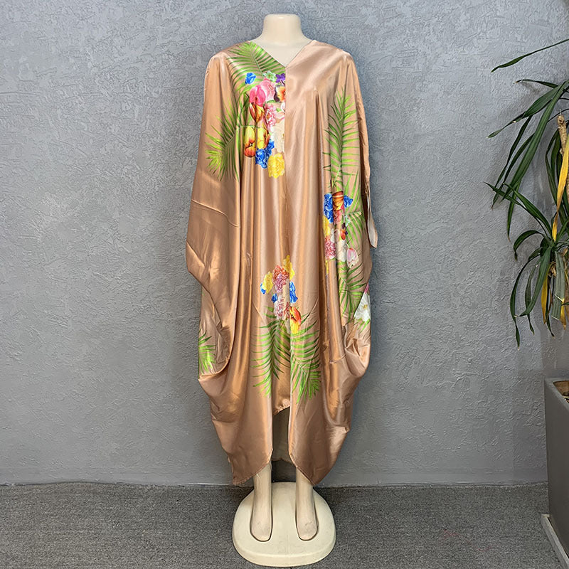Faux silk printed loose fit plus size women's african style batwing sleeve maxi dress