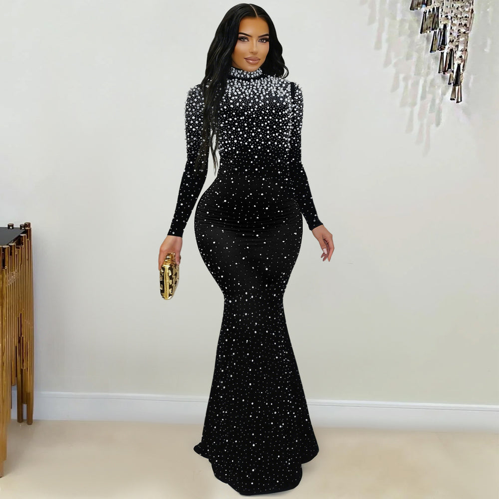 C7622 cross-border   fashion women's elegant high-neck rhinestone and beaded bodycon dress
