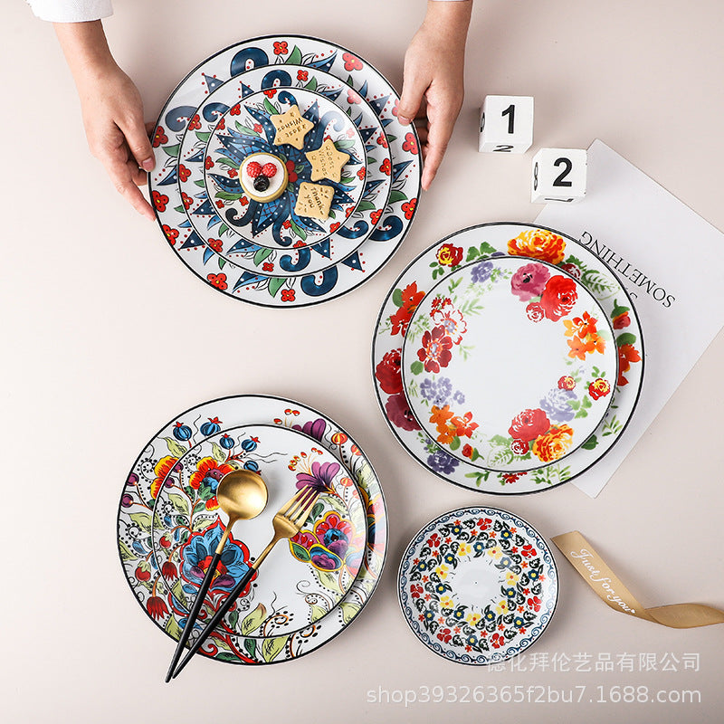 Wholesale nordic creative ceramic dessert plate round multi-tiered skewer plate fruit plate household personalized decal plate