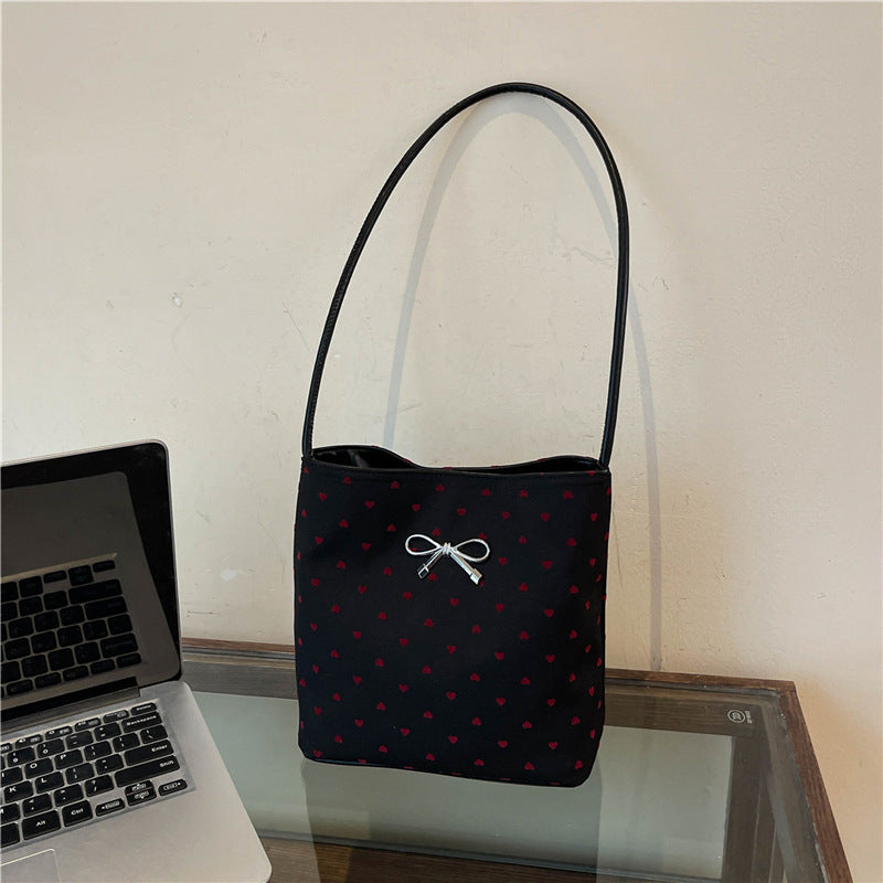 Canvas polka dot bag women's autumn 2025 new fashion commuter bow shoulder bag tote bucket women's bag