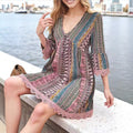 Amazon foreign trade women's loose v-neck printed european and american casual lace trim bohemian style dress