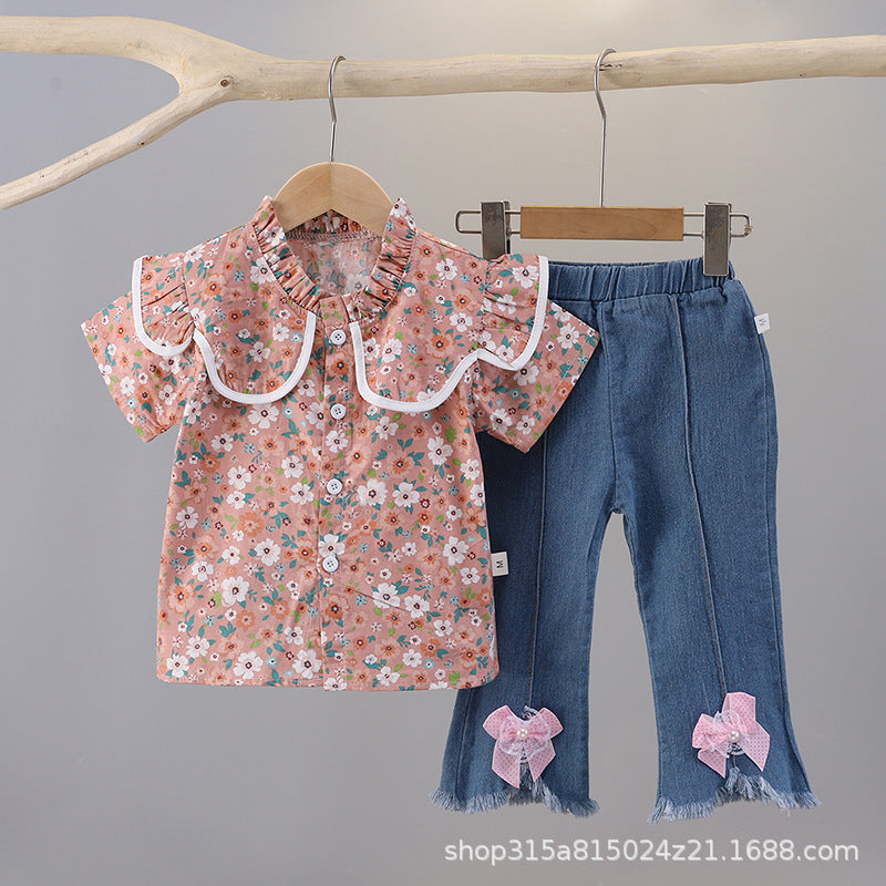 Floral print short-sleeve summer outfit for girls (0-4 years) - includes blouse with shoulder ruffles and denim pants