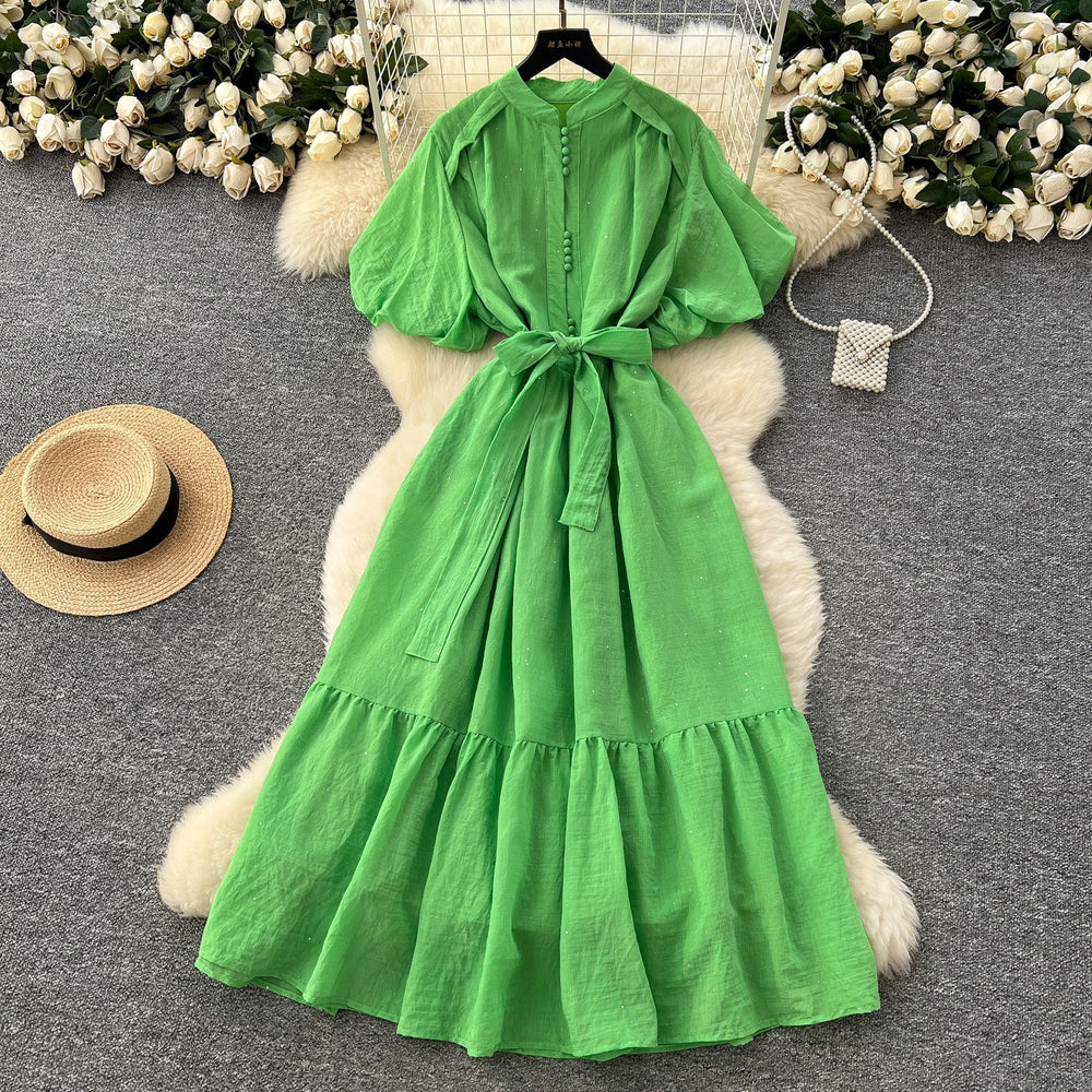 French fashion stand collar lantern sleeve tie-waist dress - slimming, elegant, sparkling ruffle hem maxi dress