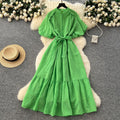 French fashion stand collar lantern sleeve tie-waist dress - slimming, elegant, sparkling ruffle hem maxi dress