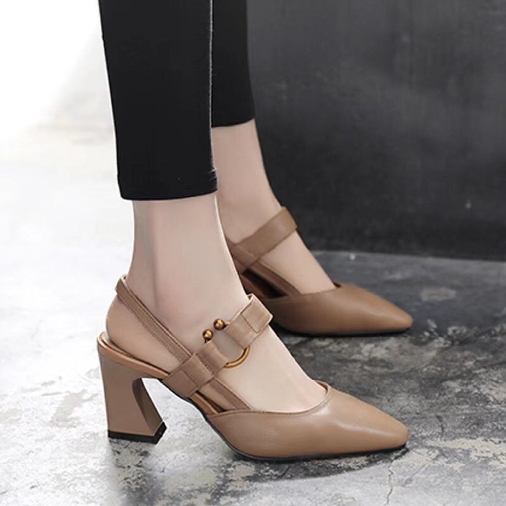 Summer new back empty sandals women's casual square head horseshoe heel thick heel high heel fashion casual leather women's shoes wholesale