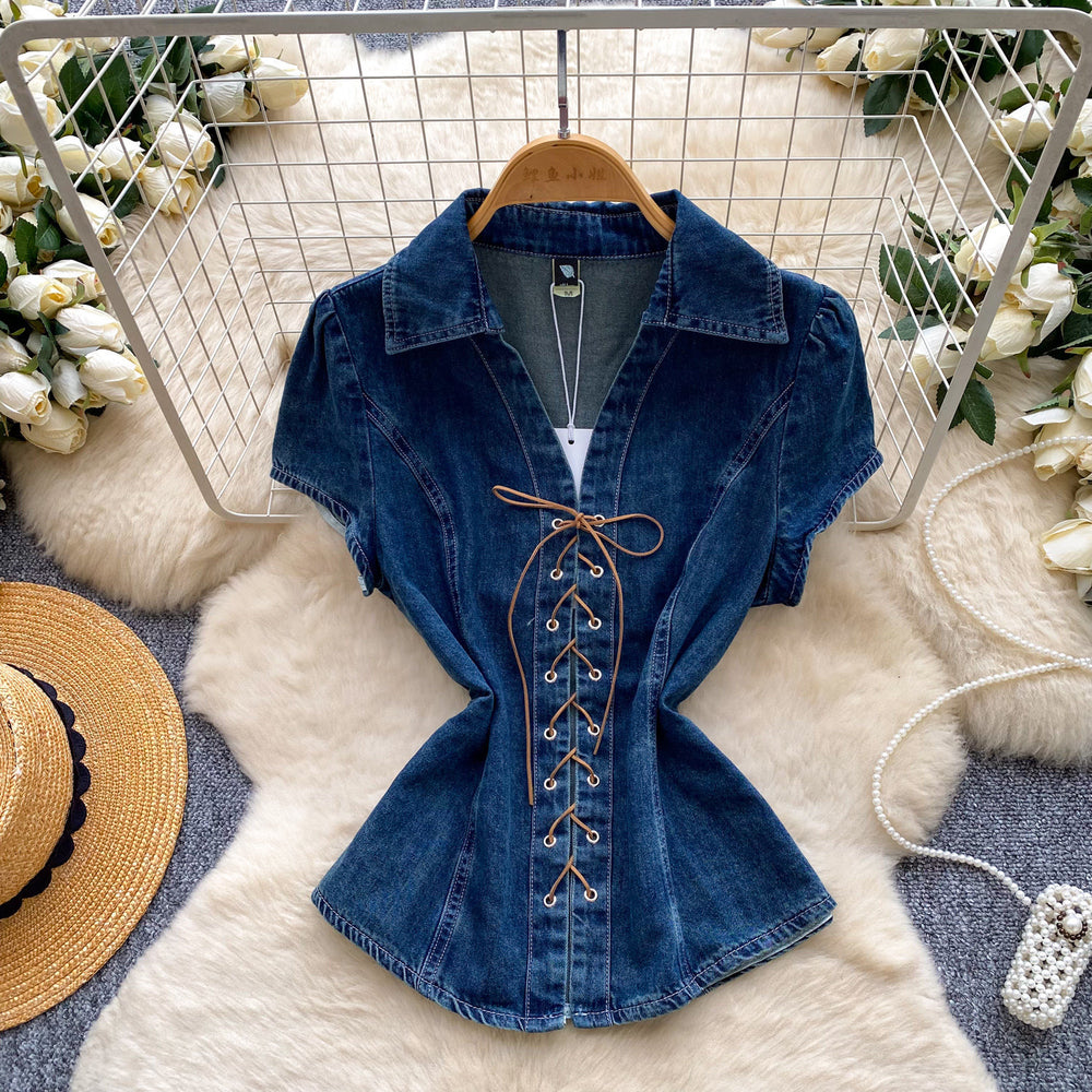 Commuting style v neckcomfortable breathable strappy denim shirt women's summer waist slimming looksense of design short-sleeved tops