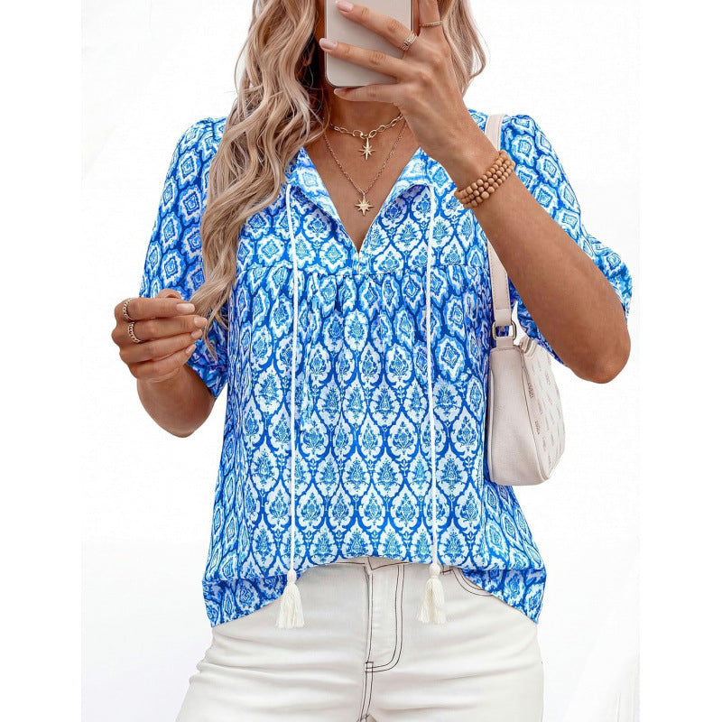 Bohemian chic short-sleeve shirt for women -  summer new arrival: tie-front v-neck printed loose-fit vacation top