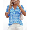 Bohemian chic short-sleeve shirt for women -  summer new arrival: tie-front v-neck printed loose-fit vacation top