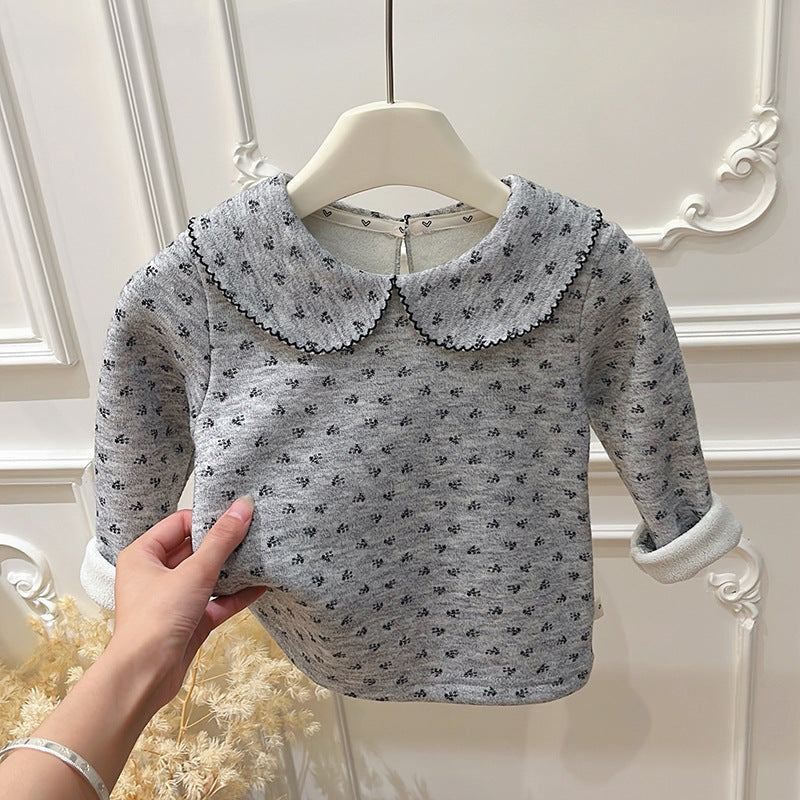 Girls' fall/winter new collection: fleece-lined floral print base layer top, perfect for early autumn outerwear. trendy autumn tops for girls, kids' clothing