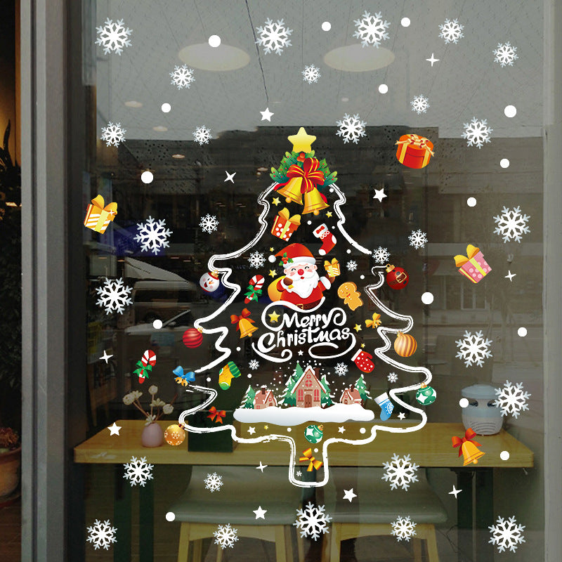 Christmas decoration glass door hand-painted Christmas tree sticker shop window scene arrangement snowflake glue-free static sticker
