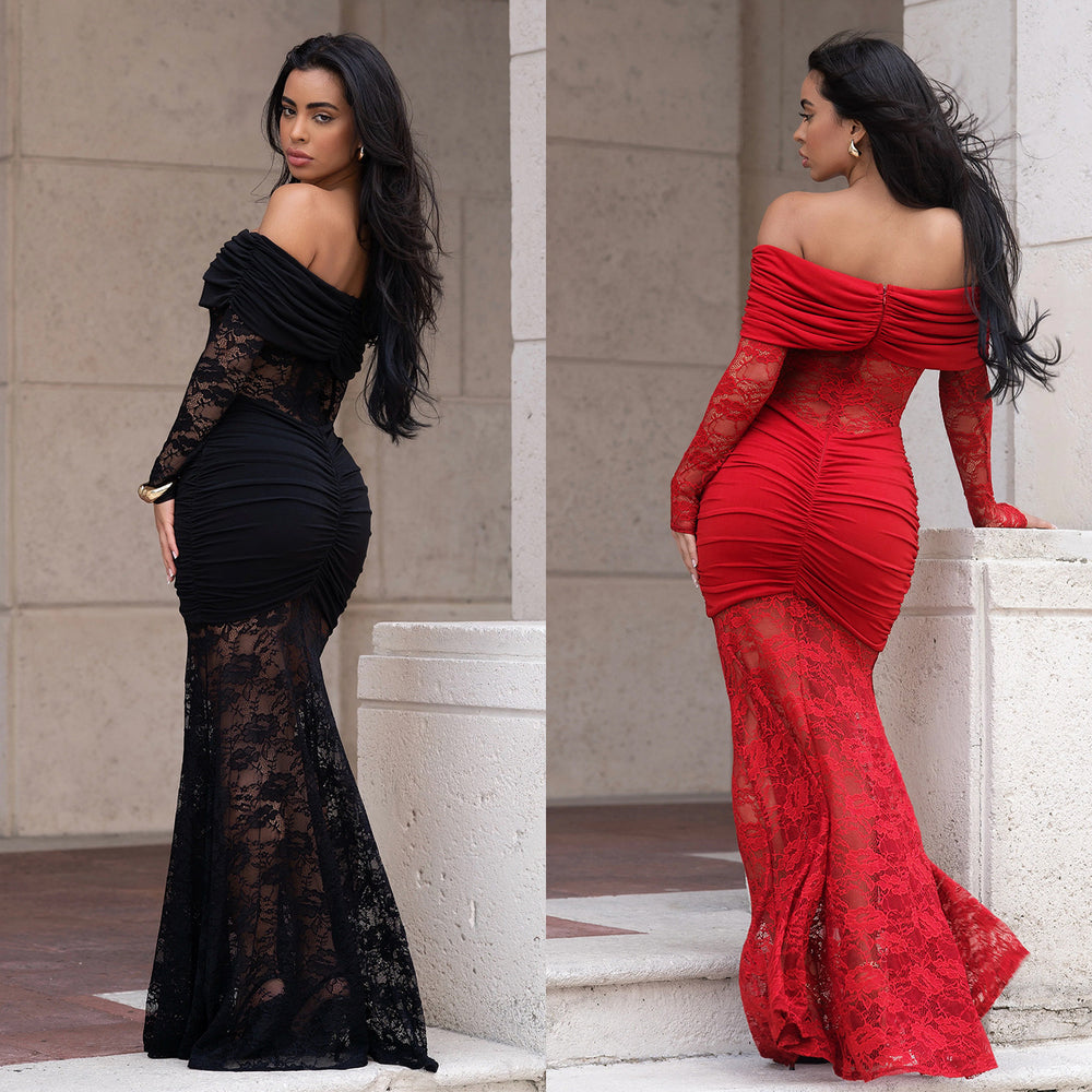 C7620 cross-border   fashion women's sexy off-the-shoulder lace bodycon dress
