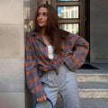 cross-border vintage style versatile turn-down collar loose fit shirt - spring/autumn plaid long sleeve pocket women's blouse