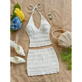 Women's summer new sexy vacation textured halter top and solid color midi skirt two-piece set
