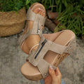summer new thick-soled cross-border export wedge heel peep-toe slides, plus size women's rivet sandals wholesale