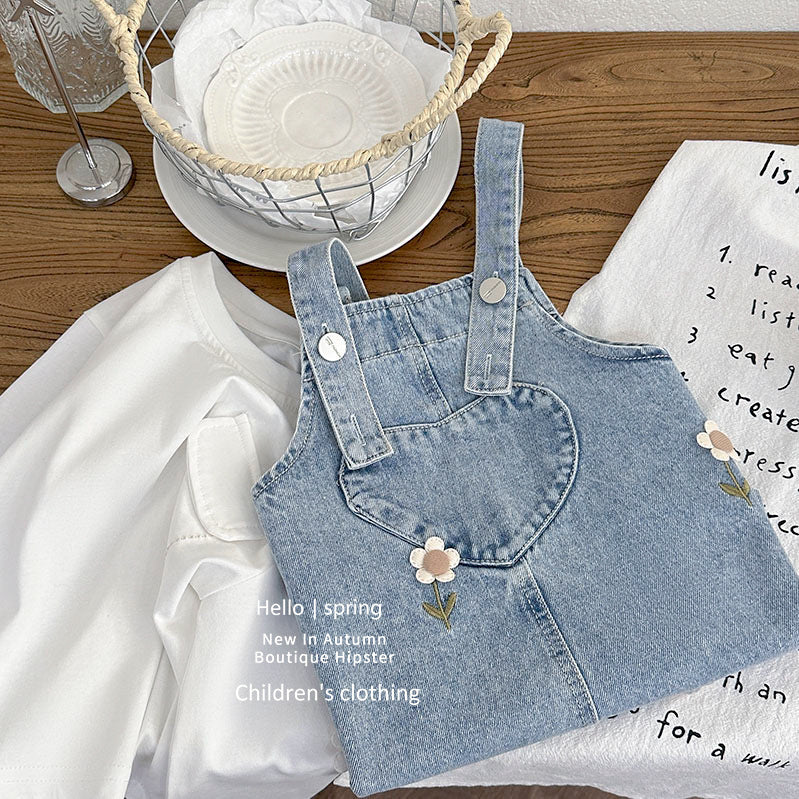 Girls' denim overalls dress - spring  new collection: sweet & cute floral embroidered tank dress for baby girls - trendy style