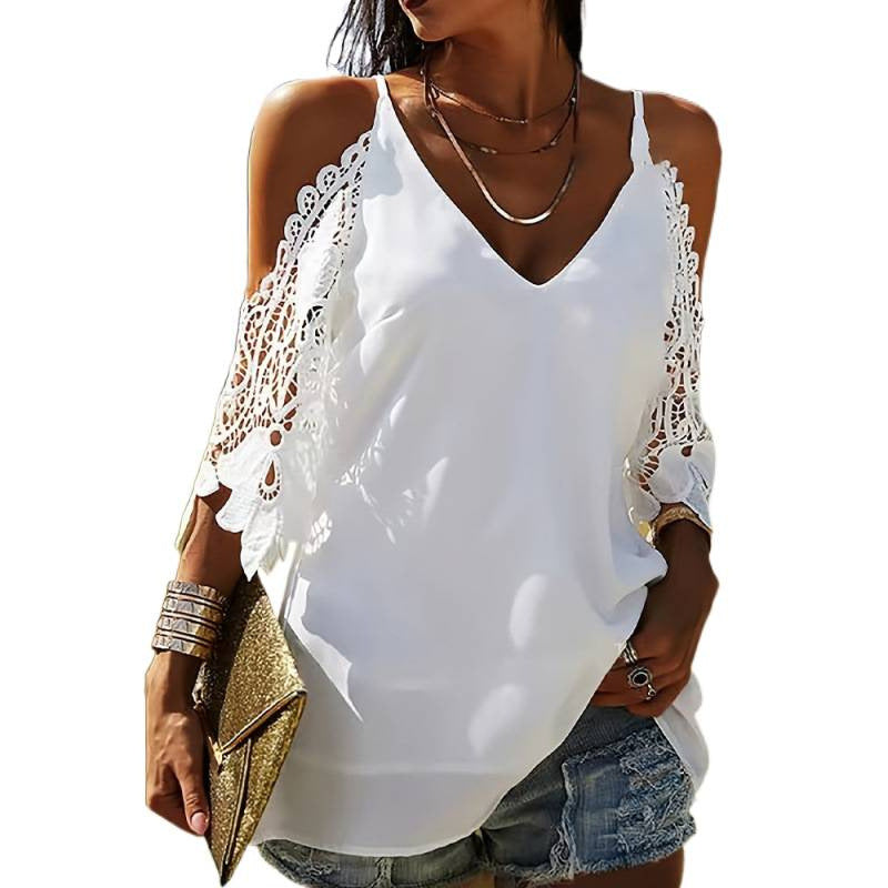 summer new european and american style lace off-the-shoulder v-neck camisole loose casual top women's clothing