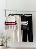 export autumn/winter new round neck color block striped long sleeve knitted cardigan wide leg pants sweater two-piece set for women