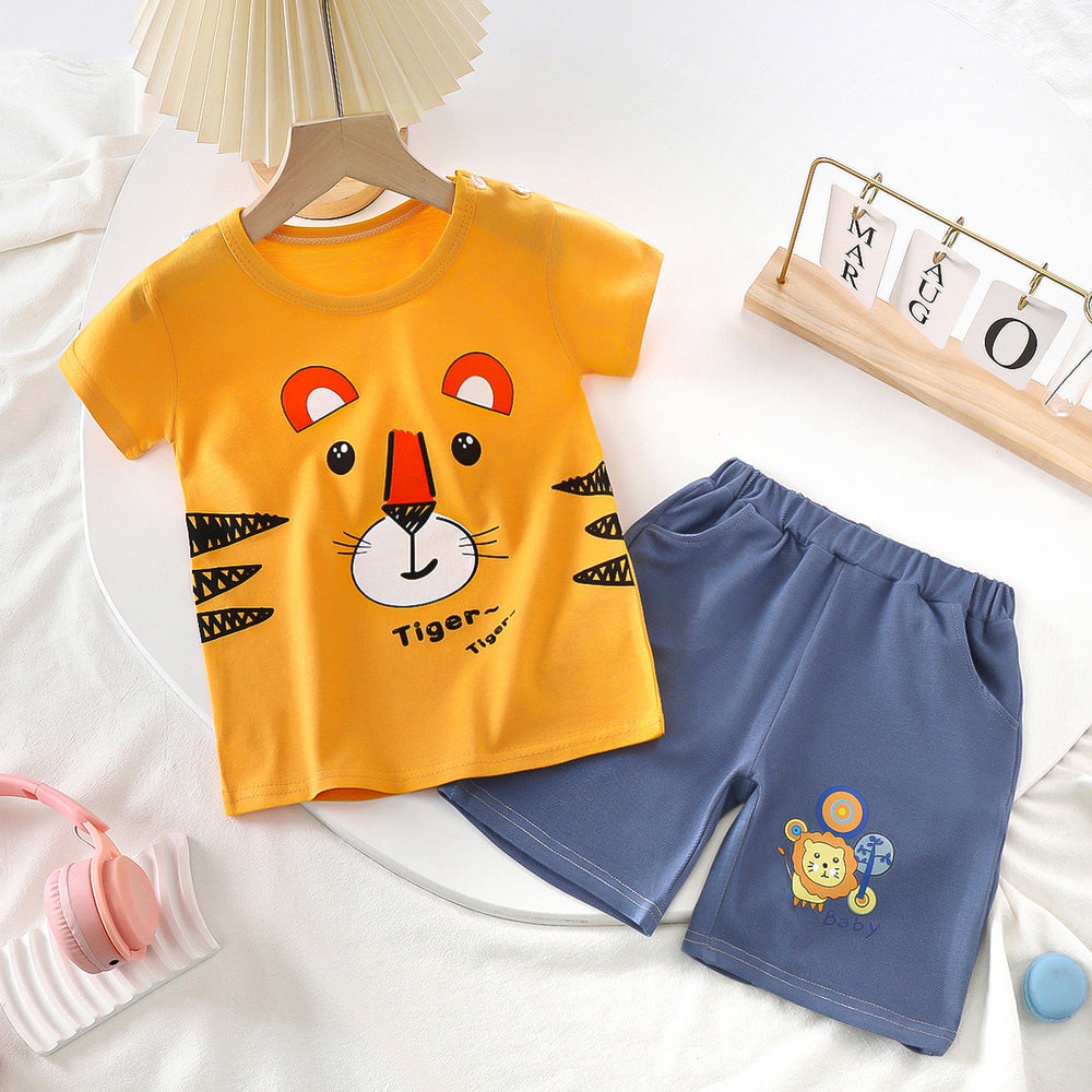 summer kids' short-sleeve set: toddler & children's pure cotton denim casual short-sleeve & shorts two-piece outfit - dropshipping available