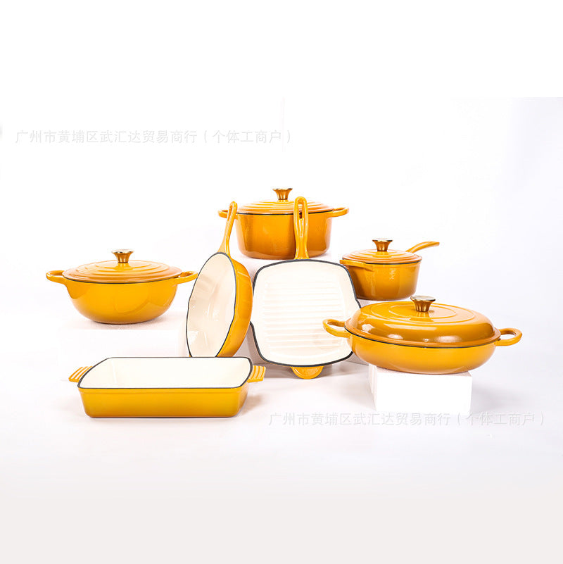 Household cast iron enamel non-stick pot seven-piece multi-purpose stew pot round frying pan steak plate baking dish pot set