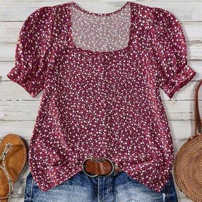 european and american style floral print square neck short sleeve t-shirt - women's summer loose fit printed top - casual sun protection blouse