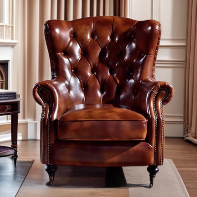 Vintage distressed american oil wax leather brown single armchair sofa high back button tufted hotel reception living room tiger chair