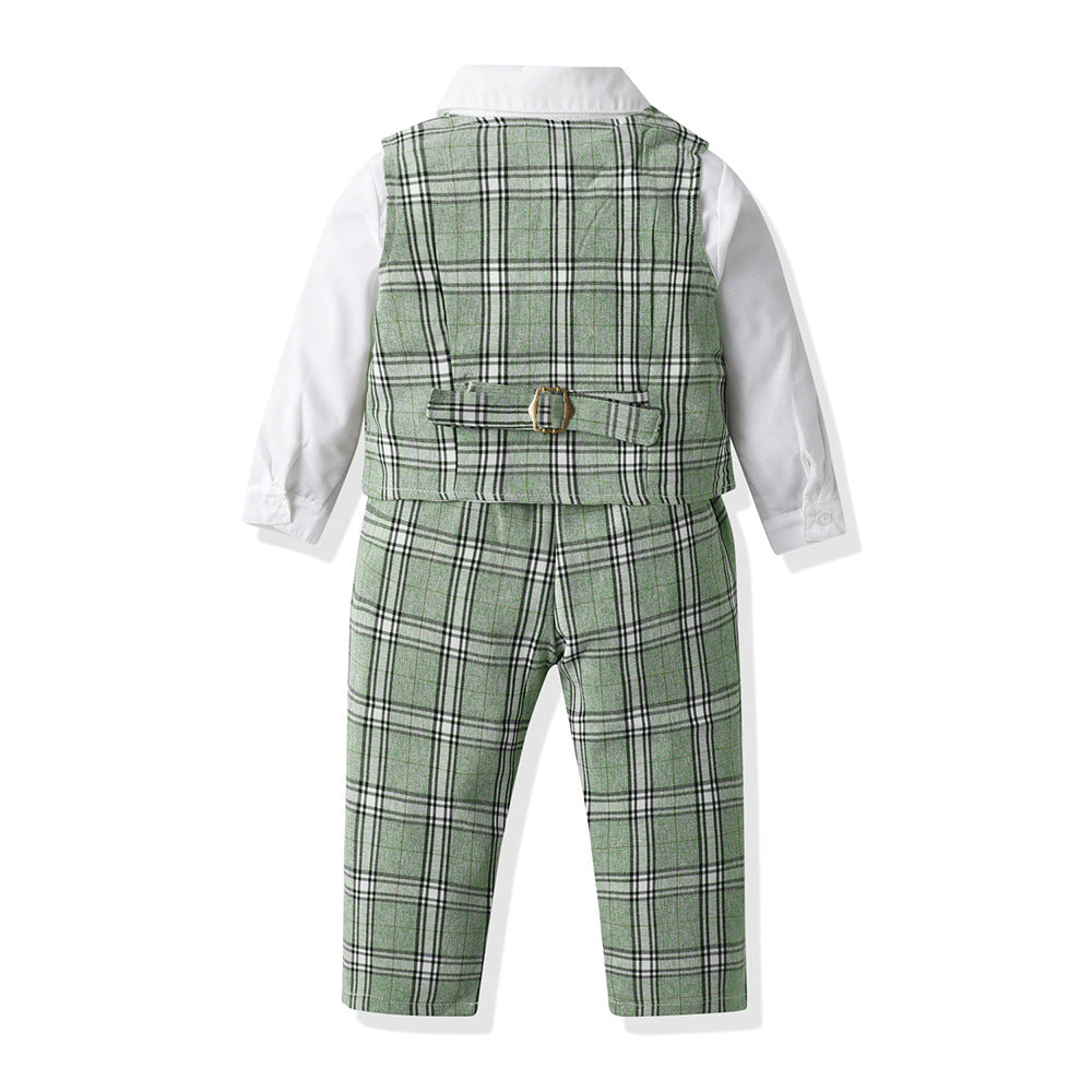 Autumn boys' three-piece outfit: new children's single-breasted long-sleeve shirt, vest, and pants set - baby suit
