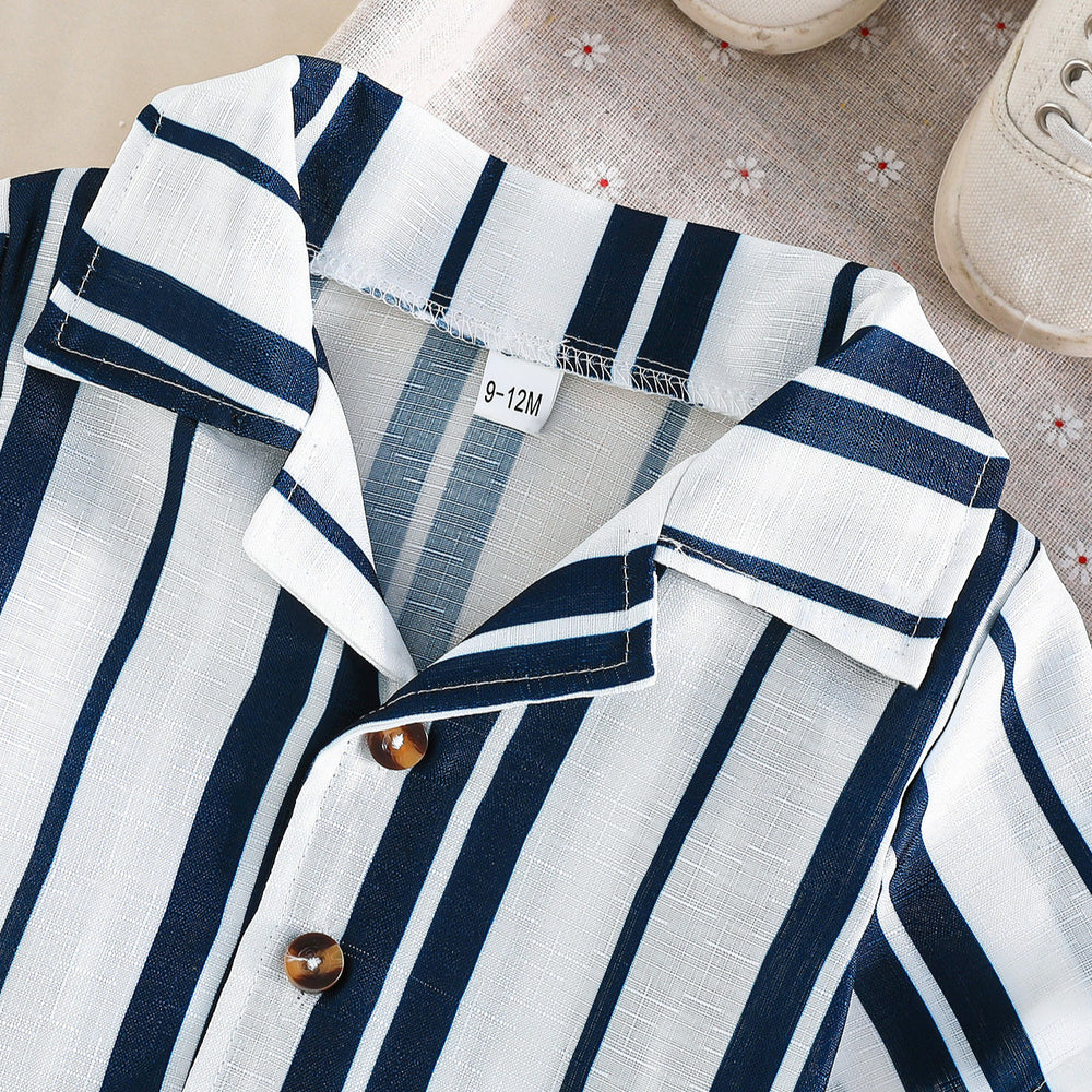 cross-border bestseller: baby & toddler casual shirt set - breathable pinstripe top + solid color shorts