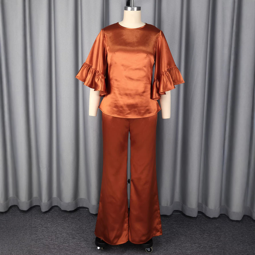 satin bell sleeves casualtwo-piece set elegantwork clothingpure color waist topsloose pantssuitpants