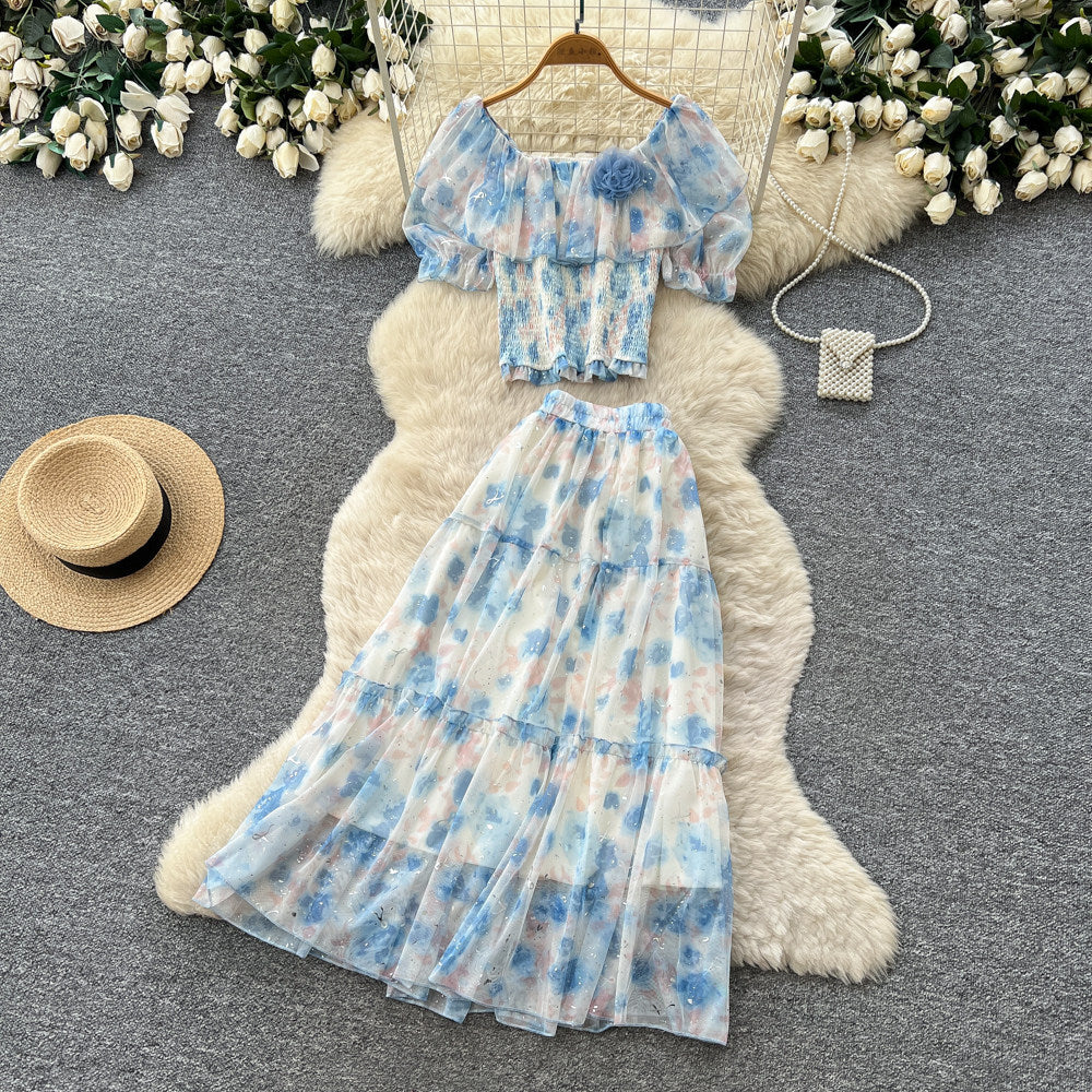 French romantic one-shoulder bubble sleeve floral two-piece set - women's summer high-waisted mesh cake skirt elegant outfit