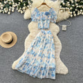 French romantic one-shoulder bubble sleeve floral two-piece set - women's summer high-waisted mesh cake skirt elegant outfit