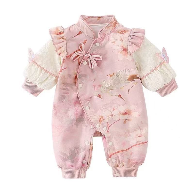 Baby spring & fall onesie, first birthday chinese style outfit, romper, chinese style newborn 100-day celebration outfit, crawling suit for baby girls