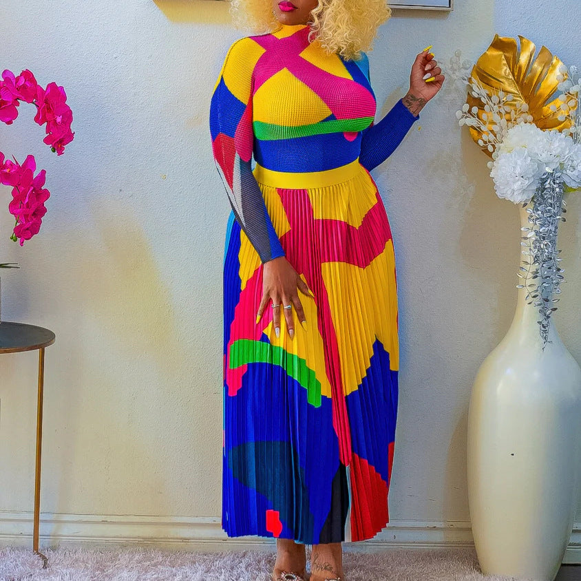 D420   autumn pleated print color block set - long sleeve top & fashionable midi skirt - european & american style two-piece outfit
