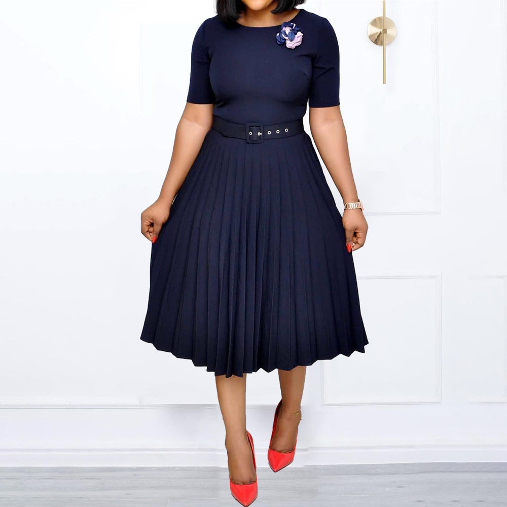 Belted european and american style new summer  round neck midi pleated skirt plus size african cross-border dress