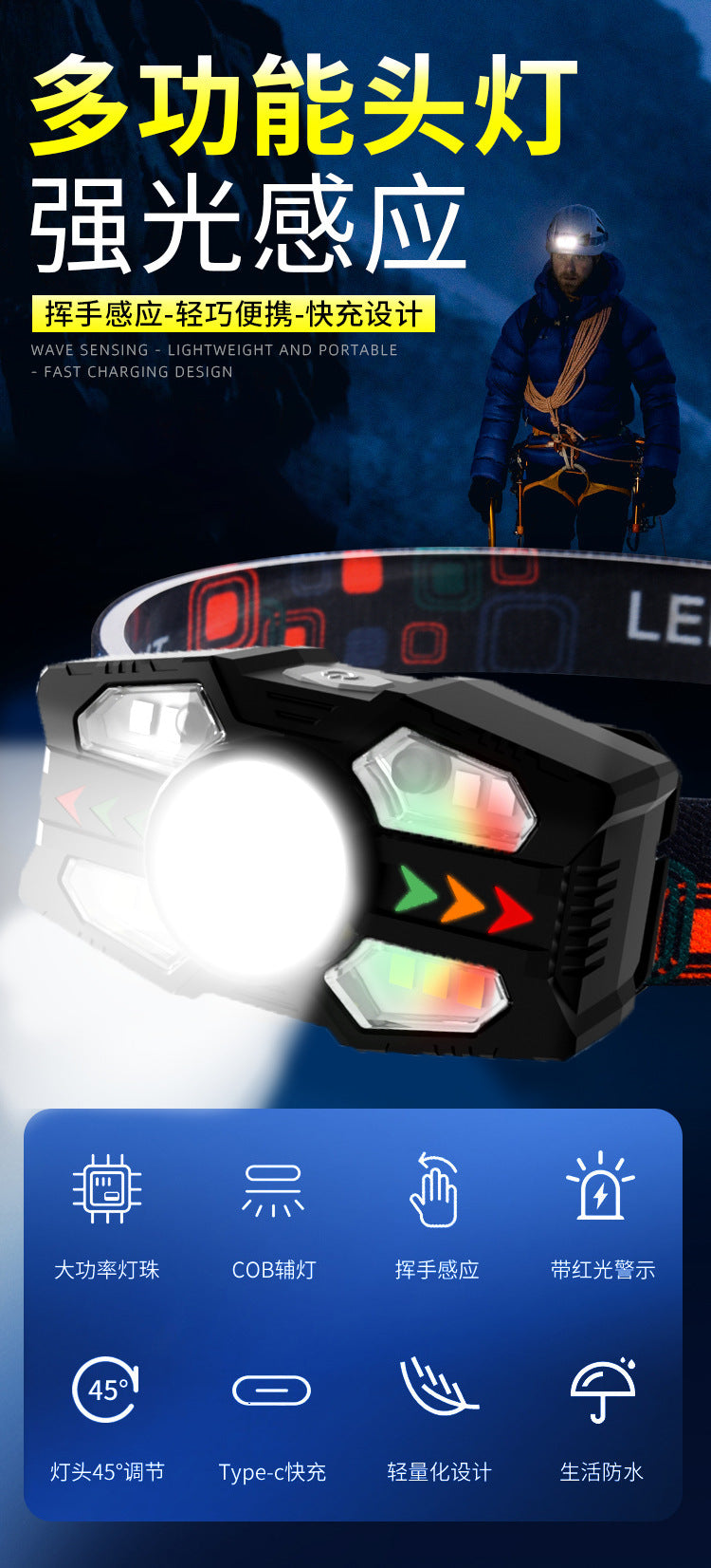 Explosive intelligent induction small headlight, head-mounted flashlight, outdoor portable work light, miner's light, long battery life, fishing light