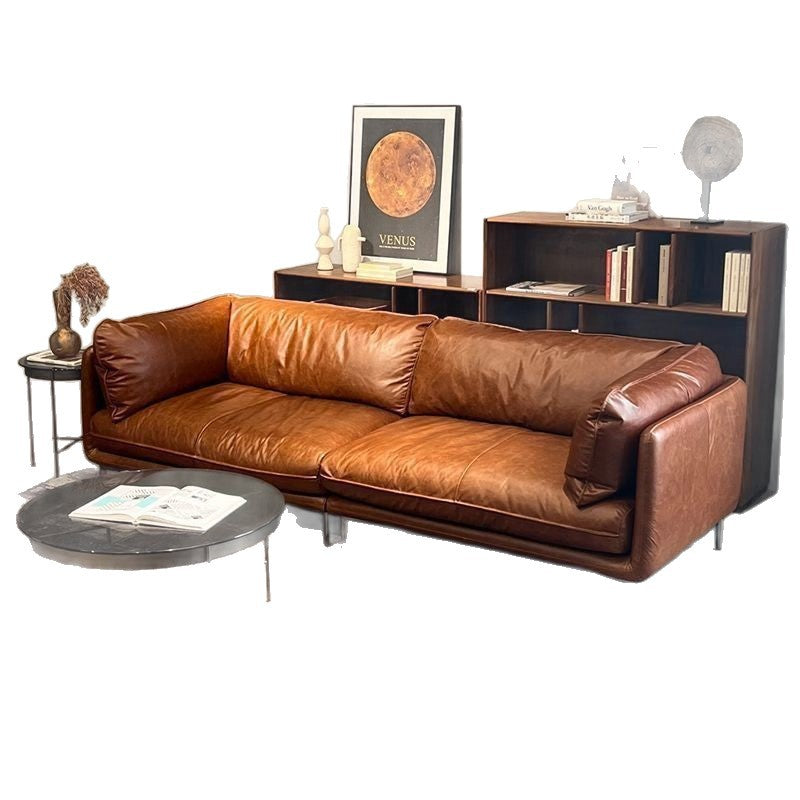 French retro oil wax leather sofa - perfect for living rooms, small spaces, and mid-century modern offices - brown american style