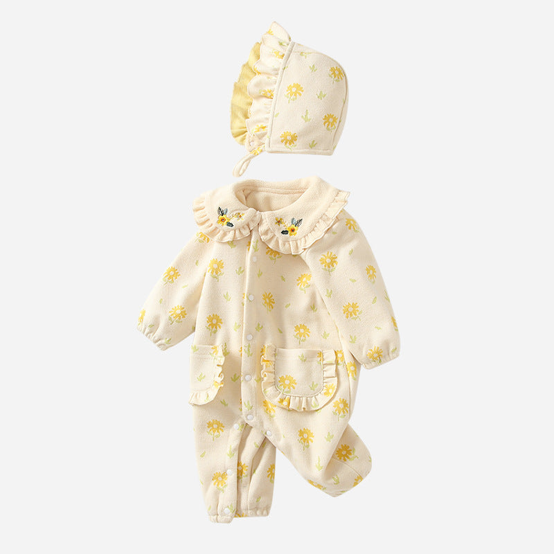 Baby clothes  new infant rompers autumn and winter pastoral style lapel embroidery rompers infant and toddler clothing