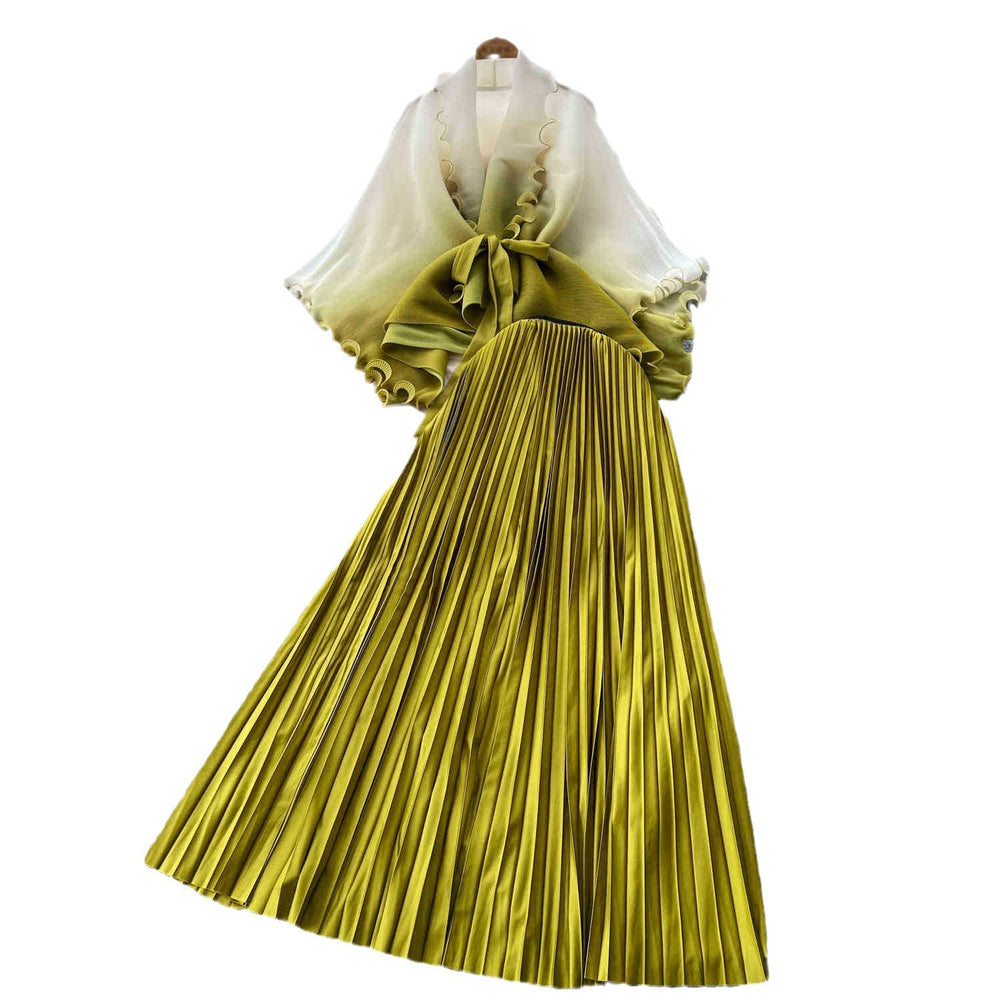 Fashion pleated suit women's strappy waist gradient color pressed pleated cardigantopshigh waistpleated skirttwo-piece set