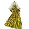 Fashion pleated suit women's strappy waist gradient color pressed pleated cardigantopshigh waistpleated skirttwo-piece set