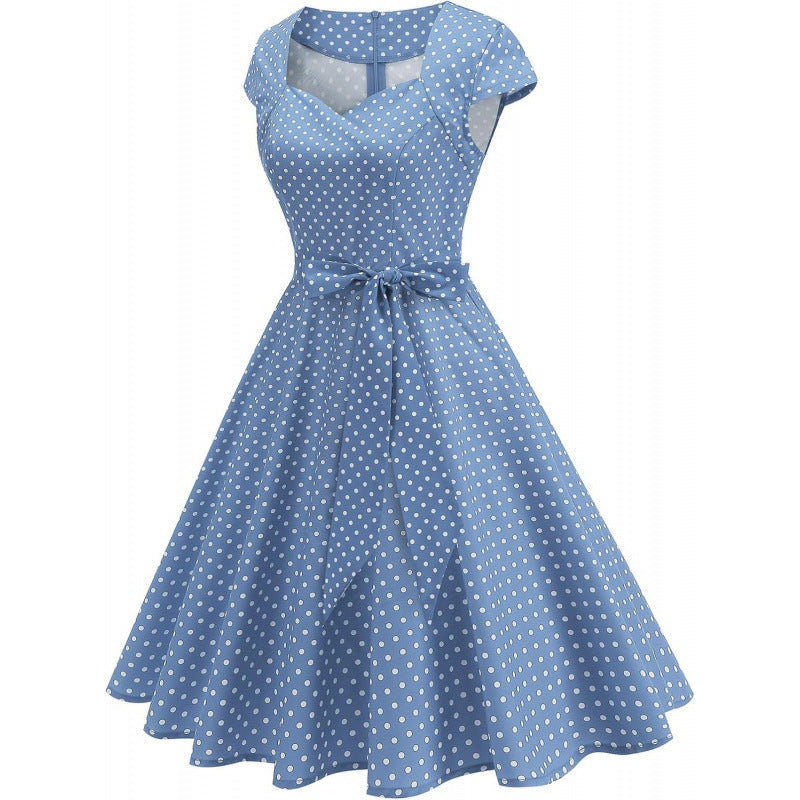 Amazon fashion retro polka dot short sleeve v neckdresssummernew arrivalstrap slimming look skirt