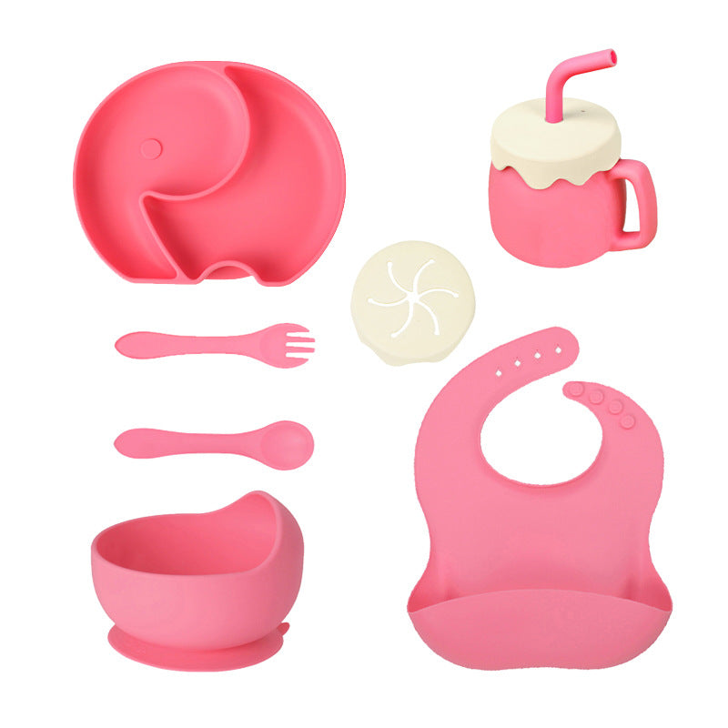 Children's Silicone Plate 7-piece Set Baby Separate Plate Feeding Bib Water Cup Fork Spoon Supplementary Food Bowl Tableware