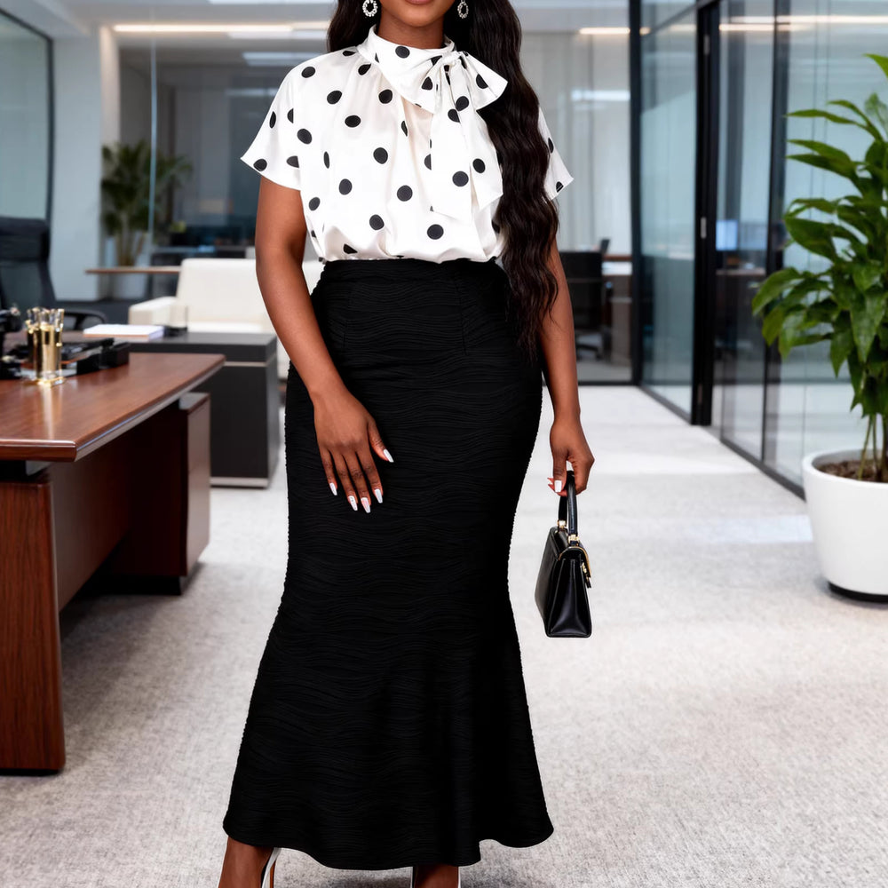 Simple polka dot top & slim-fit bodycon fishtail maxi skirt two-piece set - urban chic